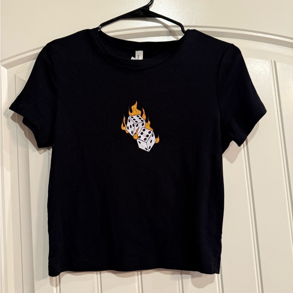 Black Crop Top with Flaming Dice Design baby tee
